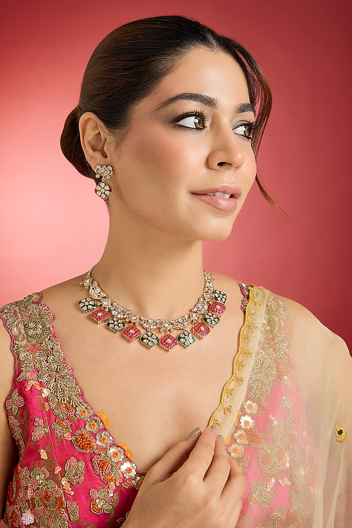 Rose Gold Finish Multi-Colored Jadau Kundan Polki Necklace Set by Swabhimann Jewellery at Pernia's Pop Up Shop