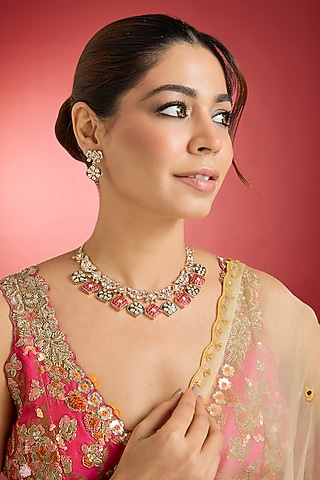 Rose Gold Finish Multi-Colored Jadau Kundan Polki Necklace Set by Swabhimann Jewellery
