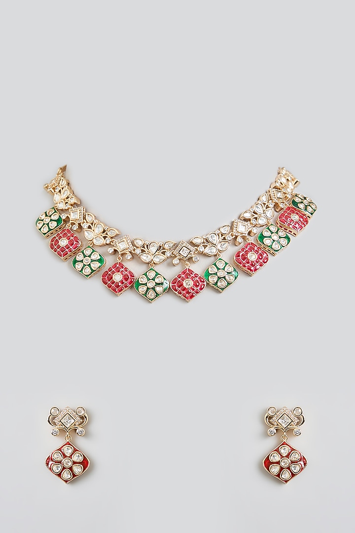 Rose Gold Finish Multi-Colored Jadau Kundan Polki Necklace Set by Swabhimann Jewellery at Pernia's Pop Up Shop
