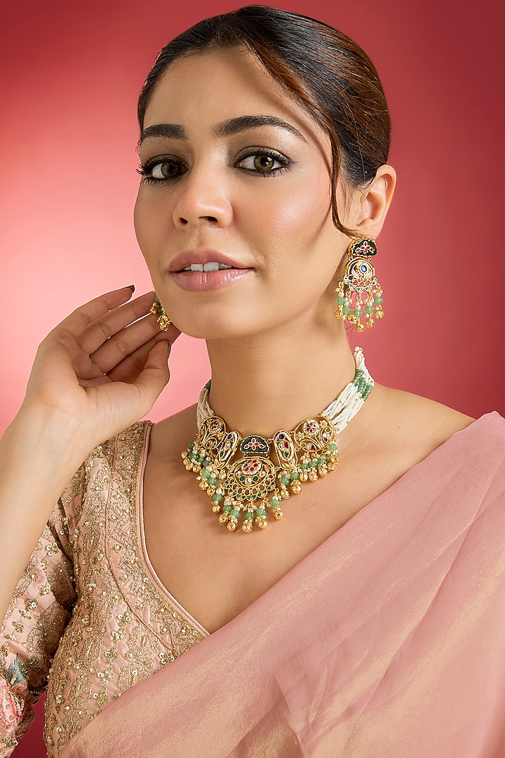 Gold Finish Multi-Colored Jadau Kundan Polki Necklace Set by Swabhimann Jewellery at Pernia's Pop Up Shop