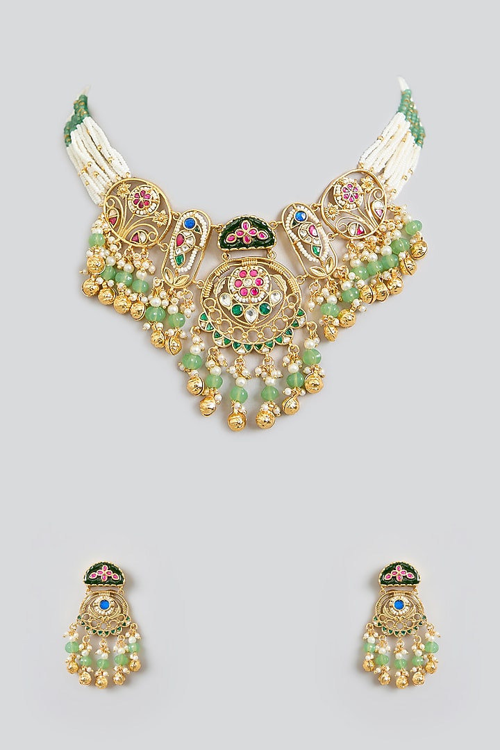 Gold Finish Multi-Colored Jadau Kundan Polki Necklace Set by Swabhimann Jewellery at Pernia's Pop Up Shop