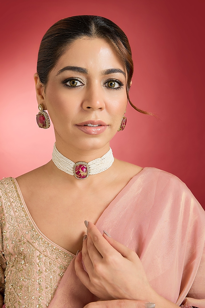 Gold Finish Ruby & Pearl Choker Necklace Set by Swabhimann Jewellery at Pernia's Pop Up Shop