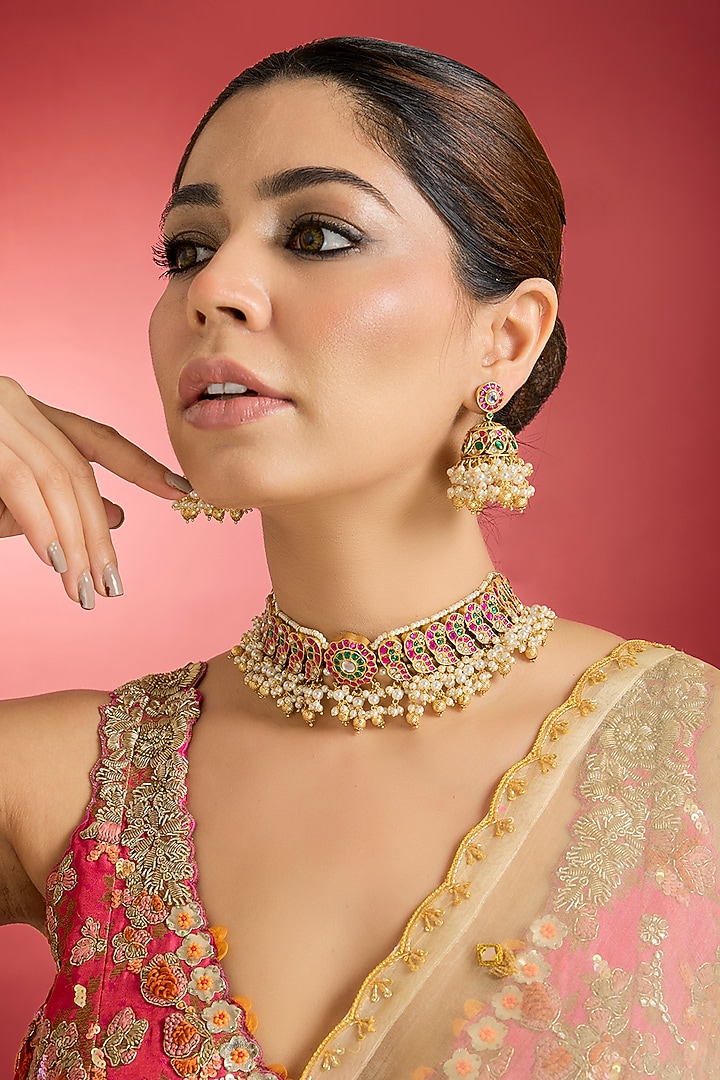 Gold Finish Multi-Colored Jadau Kundan Polki Necklace Set by Swabhimann Jewellery at Pernia's Pop Up Shop