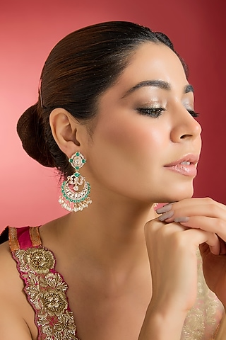 Rose Gold Finish Green Kundan Polki Chandbali Earrings by Swabhimann Jewellery