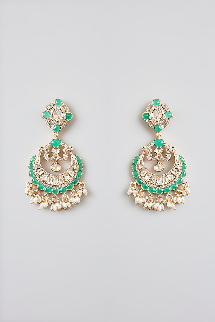 Rose Gold Finish Green Kundan Polki Chandbali Earrings by Swabhimann Jewellery at Pernia's Pop Up Shop