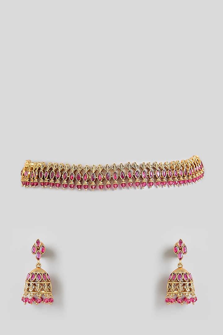 Gold Finish Red Jadau Kundan Polki Choker Necklace Set by Swabhimann Jewellery at Pernia's Pop Up Shop