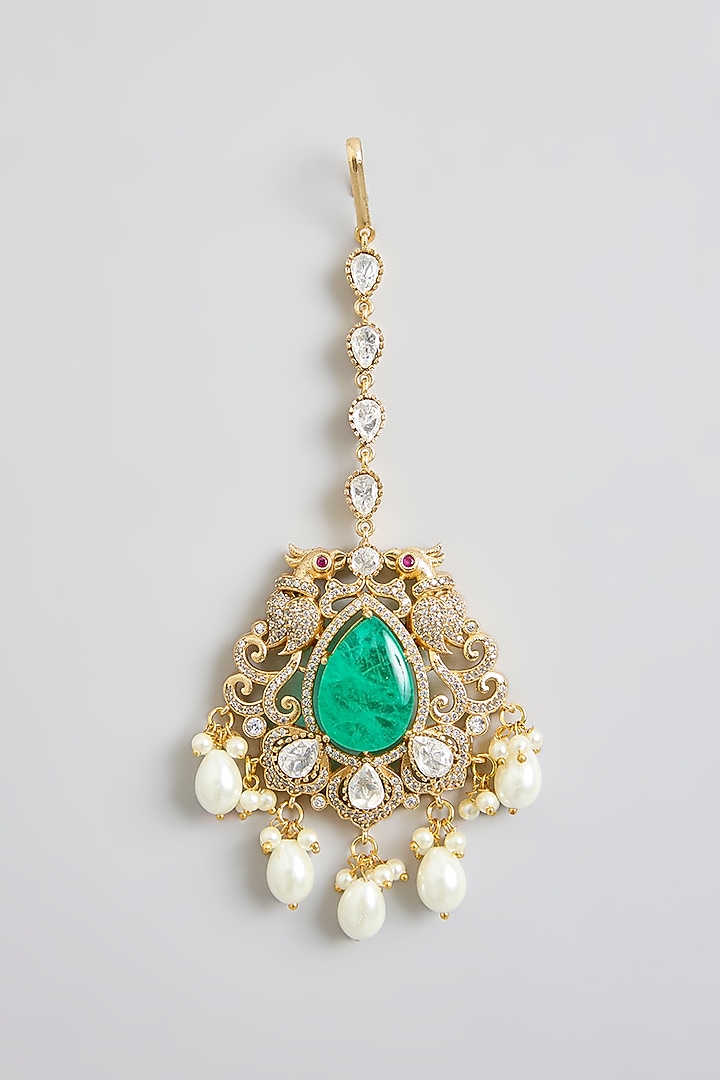 Gold Finish Kundan Polki & Emerald Maangtikka by Swabhimann Jewellery at Pernia's Pop Up Shop