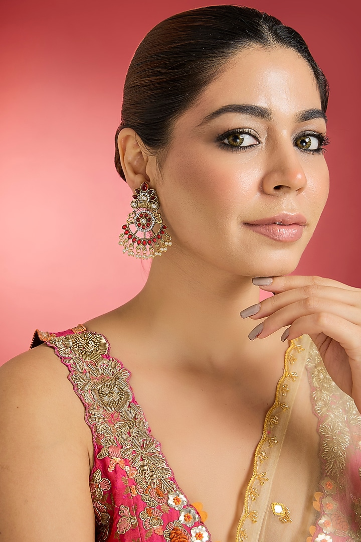 Gold Finish Red Kundan Polki Chandbali Earrings by Swabhimann Jewellery at Pernia's Pop Up Shop