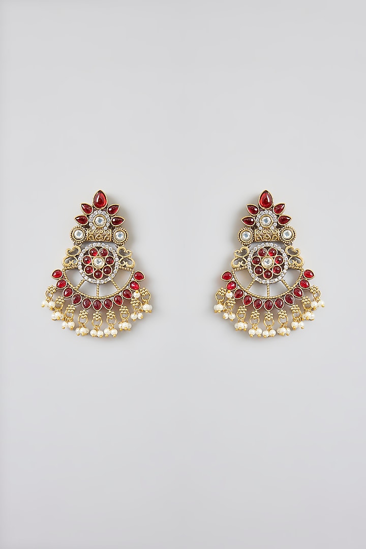 Gold Finish Red Kundan Polki Chandbali Earrings by Swabhimann Jewellery at Pernia's Pop Up Shop