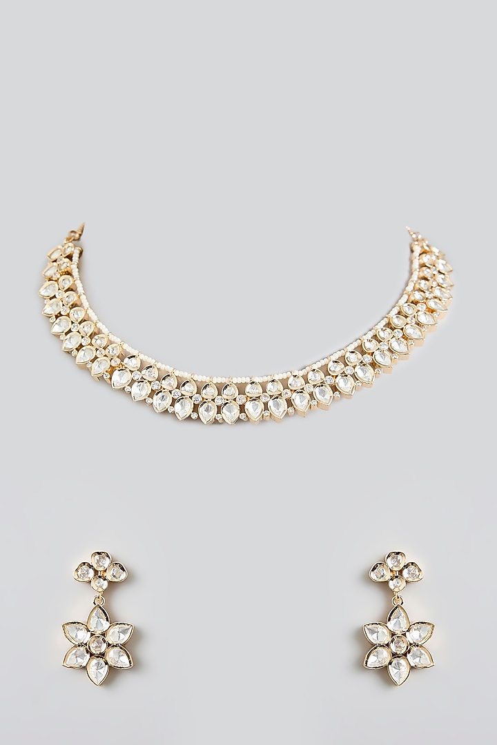 Rose Gold Finish Kundan Polki Necklace Set by Swabhimann Jewellery at Pernia's Pop Up Shop