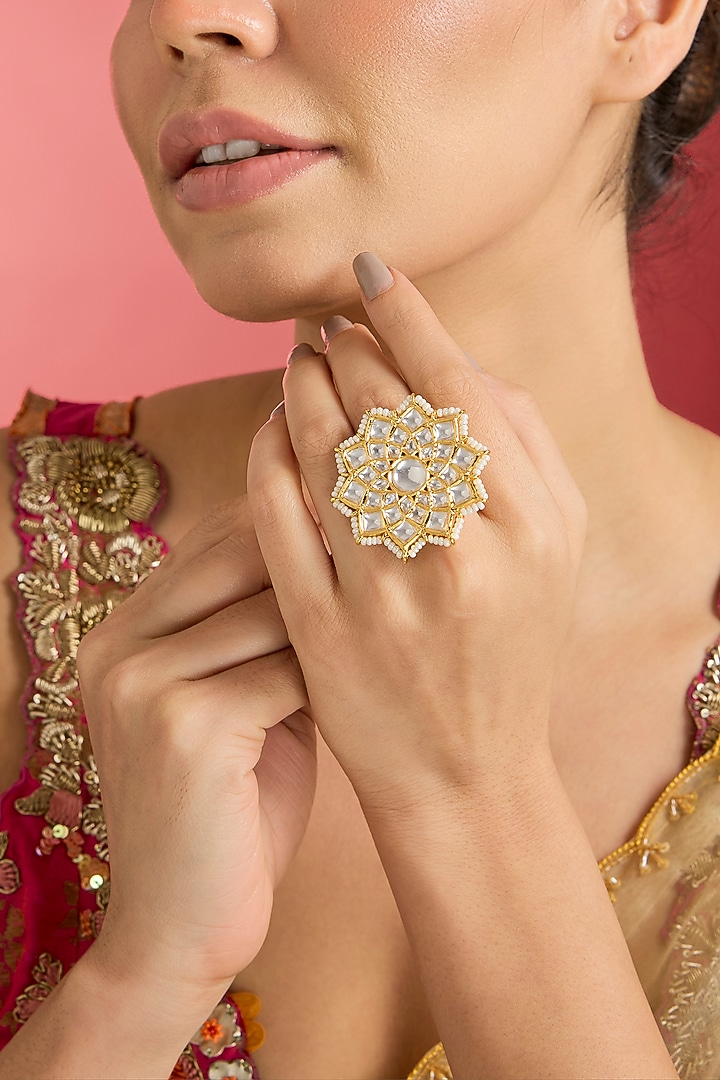 Gold Finish Kundan Polki Adjustable Ring by Swabhimann Jewellery at Pernia's Pop Up Shop