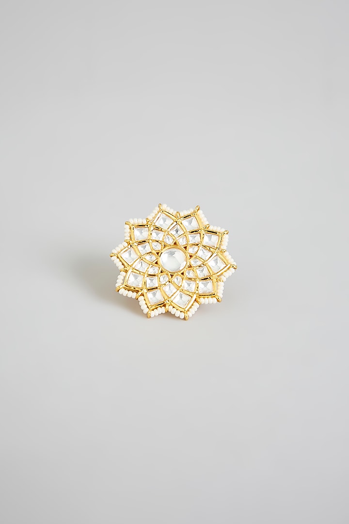 Gold Finish Kundan Polki Adjustable Ring by Swabhimann Jewellery at Pernia's Pop Up Shop