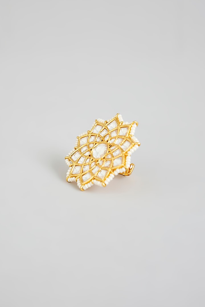 Gold Finish Kundan Polki Adjustable Ring by Swabhimann Jewellery at Pernia's Pop Up Shop