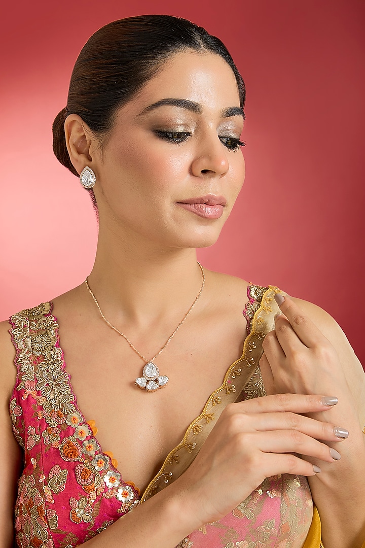 Rose Gold Finish Kundan Polki Pendant Necklace Set by Swabhimann Jewellery at Pernia's Pop Up Shop