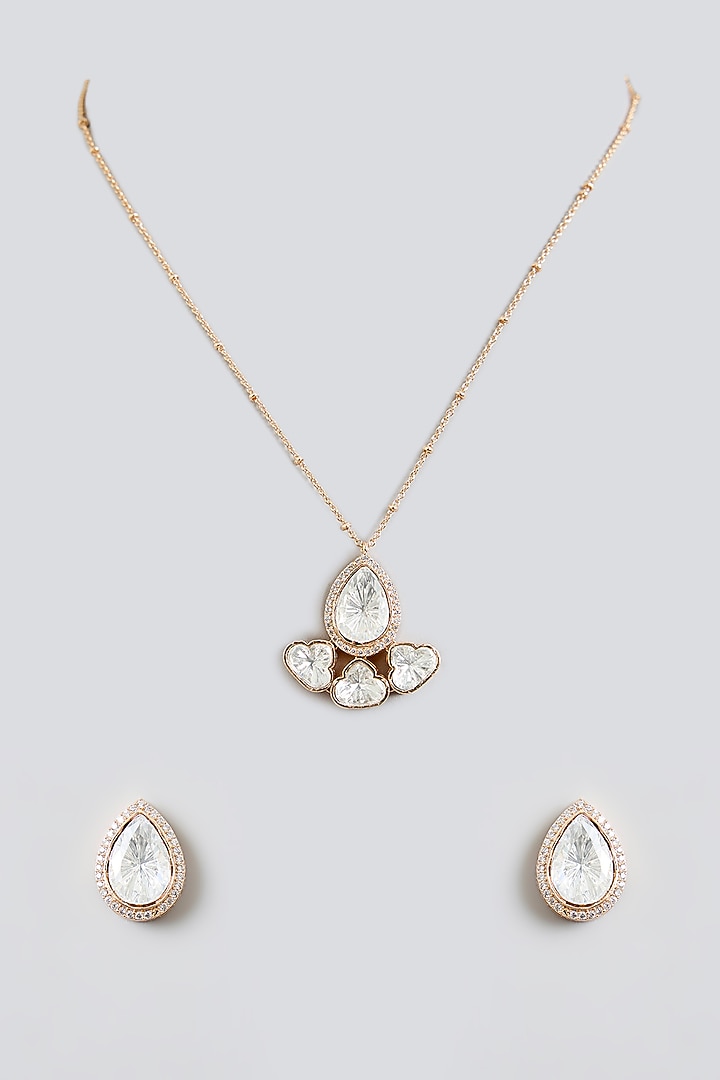 Rose Gold Finish Kundan Polki Pendant Necklace Set by Swabhimann Jewellery at Pernia's Pop Up Shop