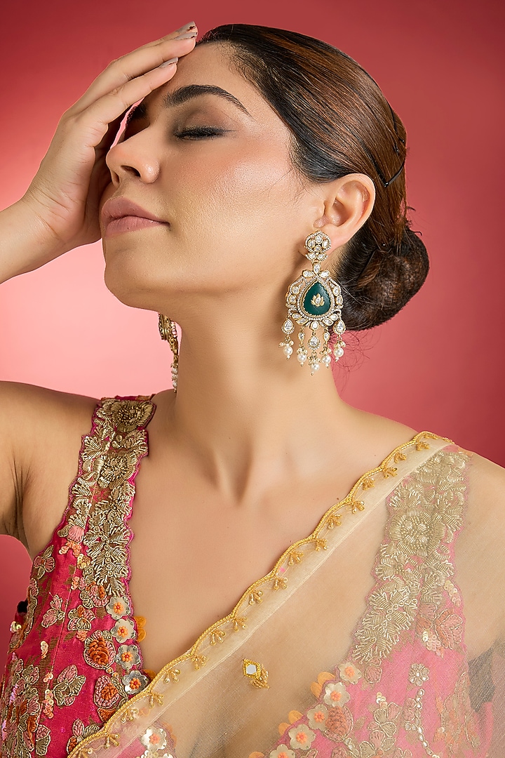 Gold Finish Green Kundan Polki Dangler Earrings by Swabhimann Jewellery at Pernia's Pop Up Shop