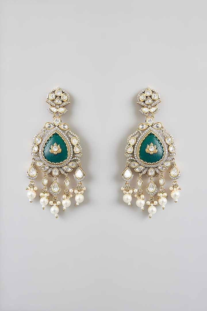 Gold Finish Green Kundan Polki Dangler Earrings by Swabhimann Jewellery at Pernia's Pop Up Shop