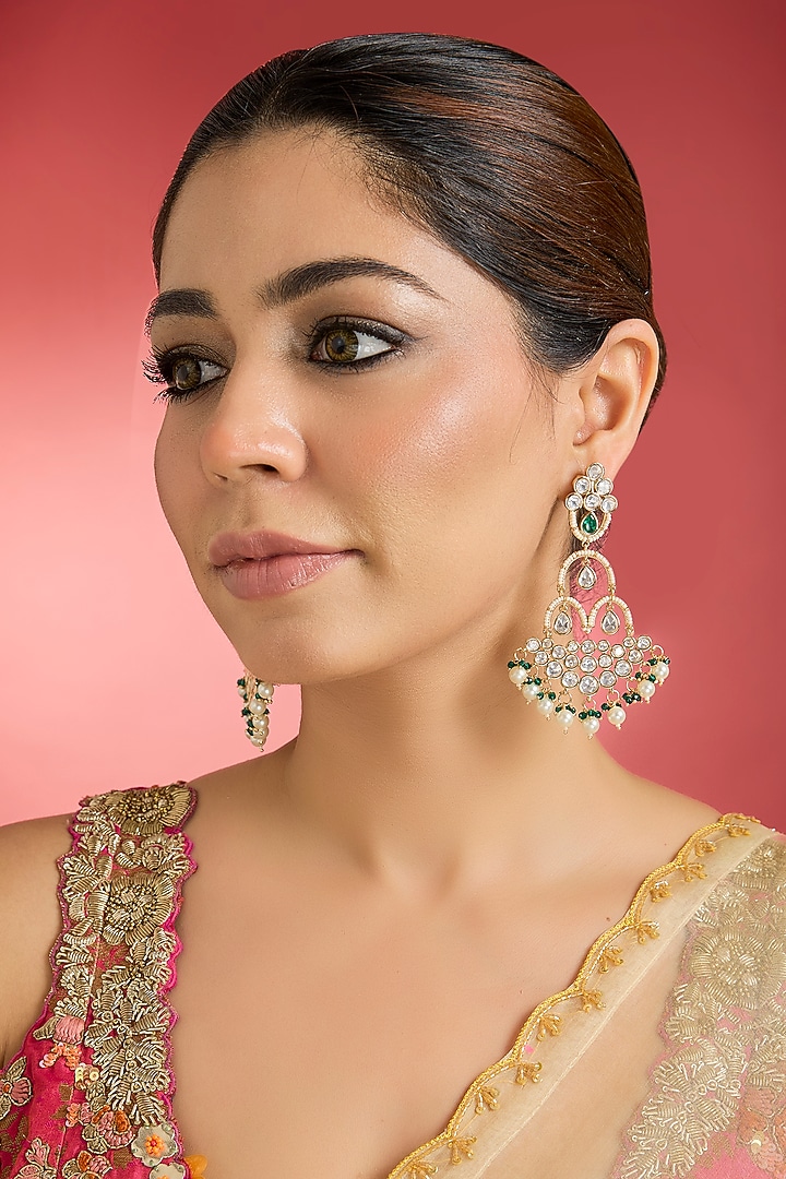 Rose Gold Finish Green Kundan Polki Chandbali Earrings by Swabhimann Jewellery at Pernia's Pop Up Shop