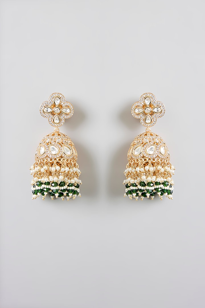 Rose Gold Finish Green Kundan Polki Jhumka Earrings by Swabhimann Jewellery at Pernia's Pop Up Shop