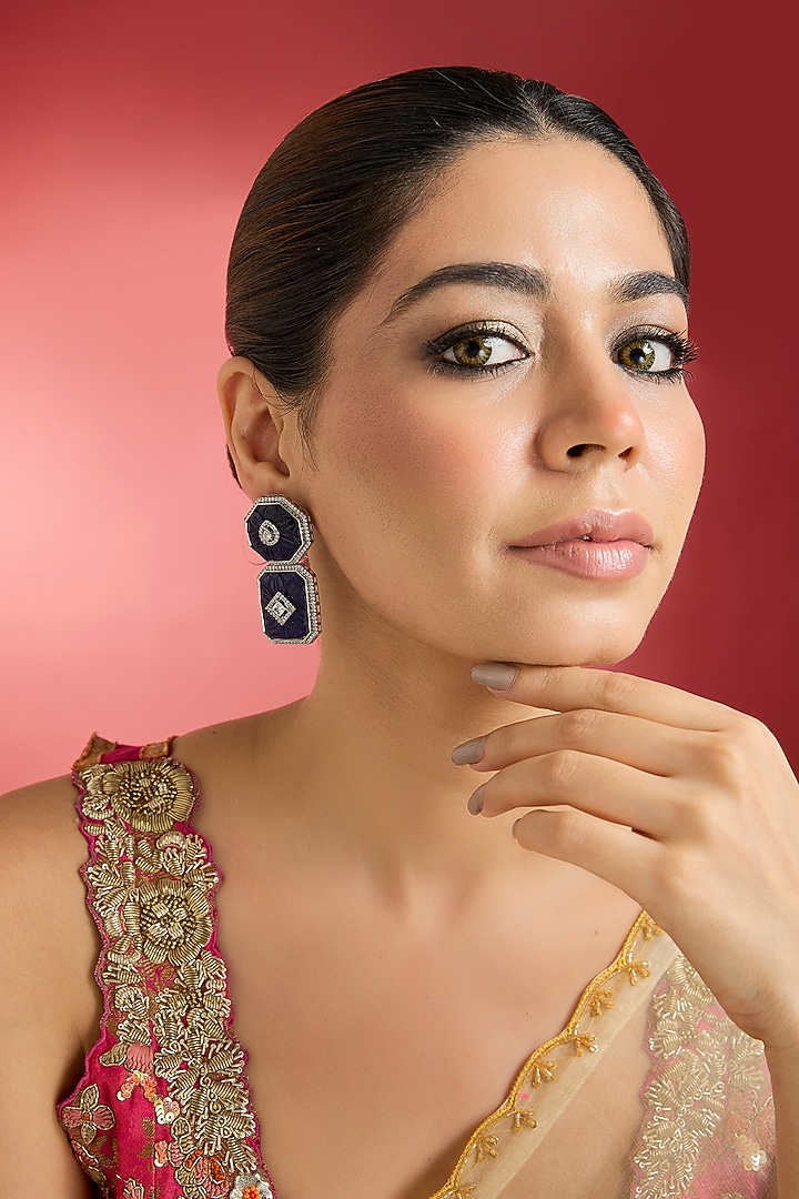 White Finish Blue Zircon Dangler Earrings by Swabhimann Jewellery at Pernia's Pop Up Shop