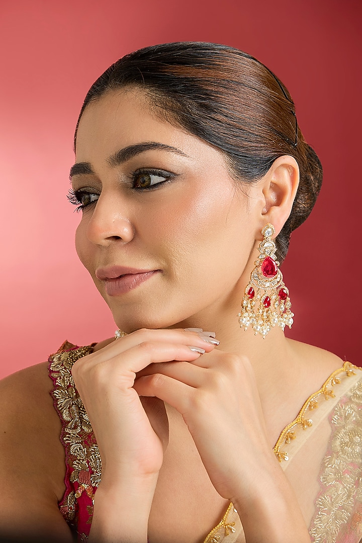 Rose Gold Finish Kundan Polki & Ruby Dangler Earrings by Swabhimann Jewellery at Pernia's Pop Up Shop