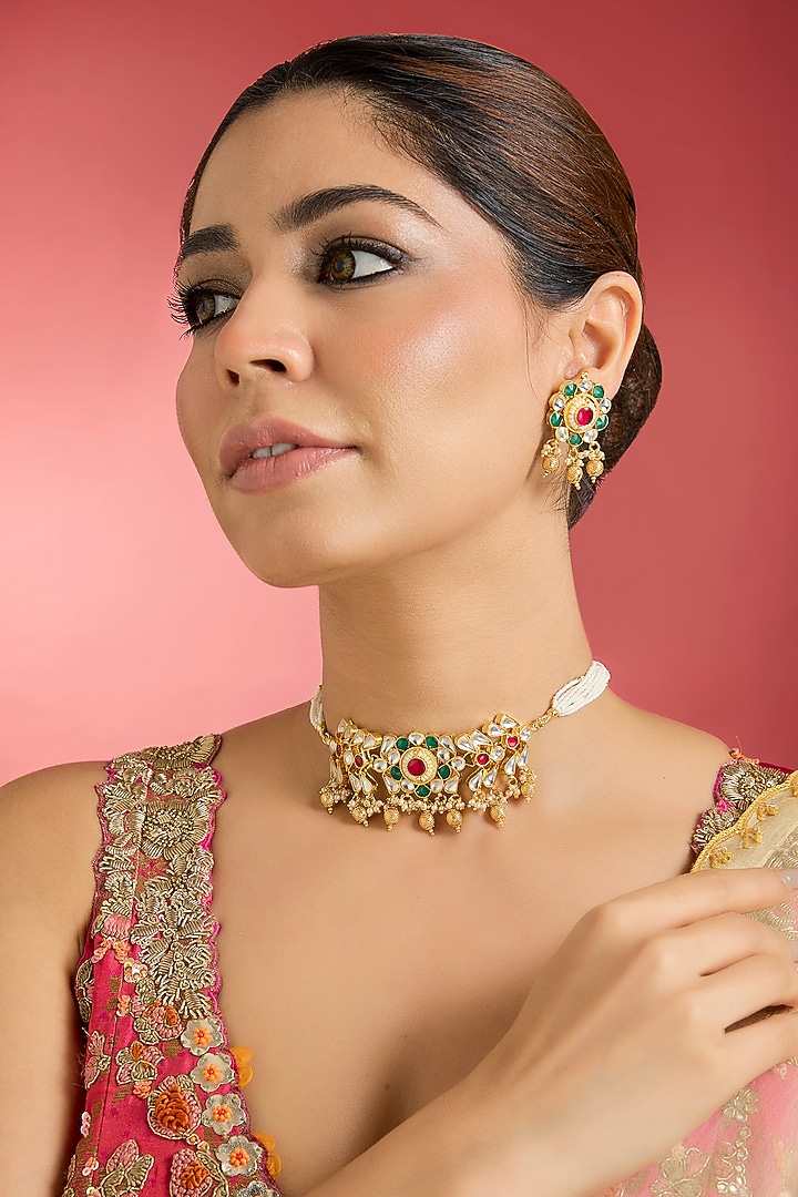 Gold Finish Multi-Colored Jadau Kundan Polki Choker Necklace Set by Swabhimann Jewellery at Pernia's Pop Up Shop