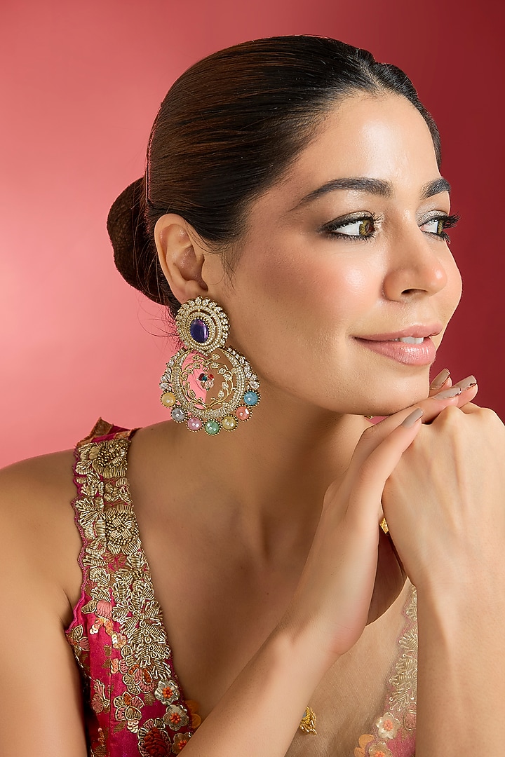 Gold Finish Multi-Colored Kundan Polki Chandbali Earrings by Swabhimann Jewellery at Pernia's Pop Up Shop