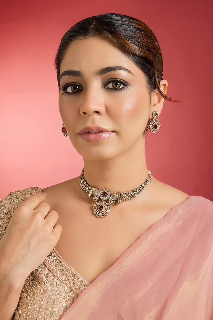 Gold Finish Kundan Polki & Ruby Hasli Necklace Set by Swabhimann Jewellery at Pernia's Pop Up Shop