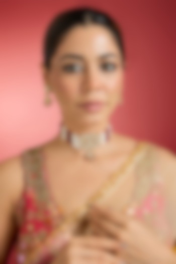 Rose Gold Finish Red Kundan Polki Choker Necklace Set by Swabhimann Jewellery at Pernia's Pop Up Shop