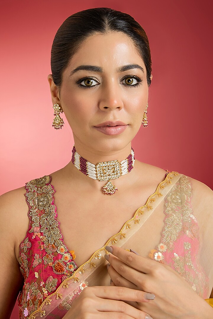 Rose Gold Finish Red Kundan Polki Choker Necklace Set by Swabhimann Jewellery at Pernia's Pop Up Shop