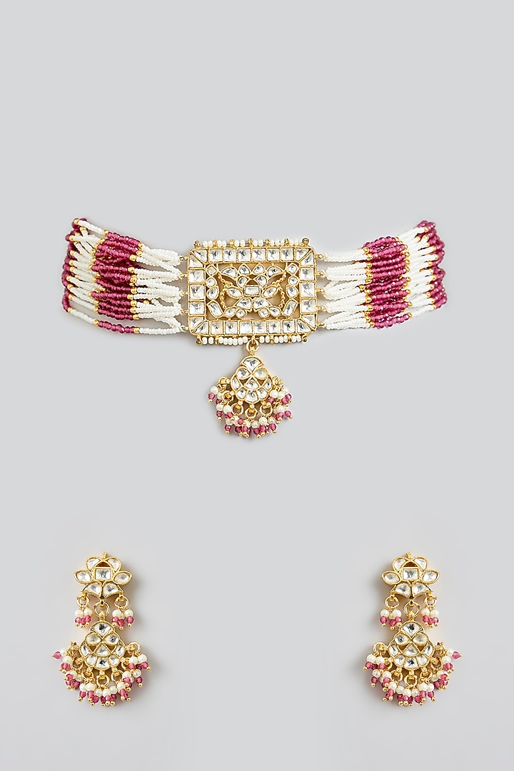 Rose Gold Finish Red Kundan Polki Choker Necklace Set by Swabhimann Jewellery at Pernia's Pop Up Shop
