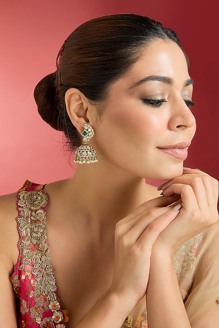 Gold Finish Green Kundan Polki Jhumka Earrings by Swabhimann Jewellery at Pernia's Pop Up Shop