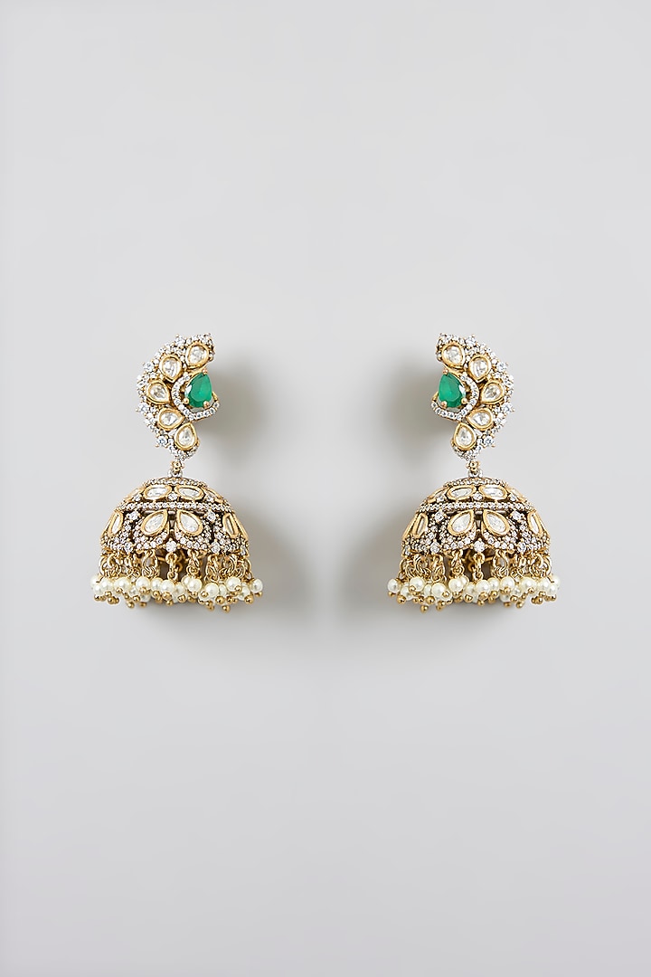Gold Finish Green Kundan Polki Jhumka Earrings by Swabhimann Jewellery at Pernia's Pop Up Shop