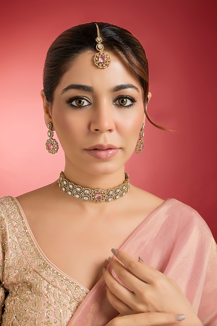 Gold Finish Rose Quartz & Kundan Polki Choker Necklace Set by Swabhimann Jewellery at Pernia's Pop Up Shop