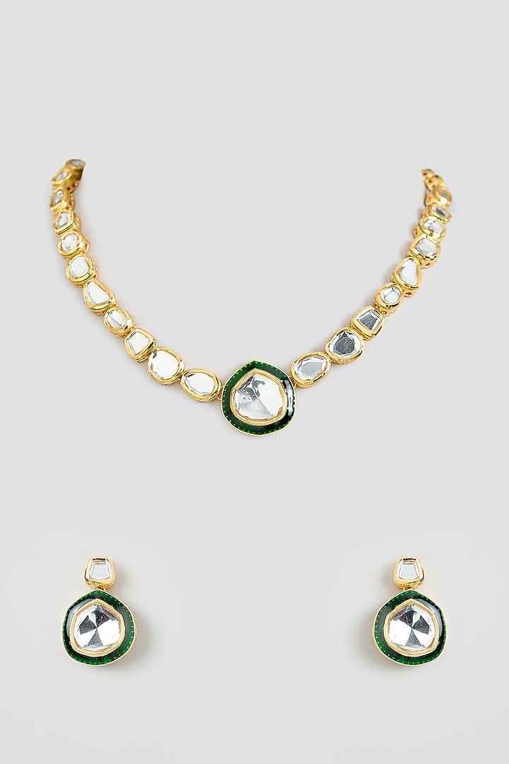 Gold Finish Green Kundan Polki Necklace Set by Swabhimann Jewellery at Pernia's Pop Up Shop