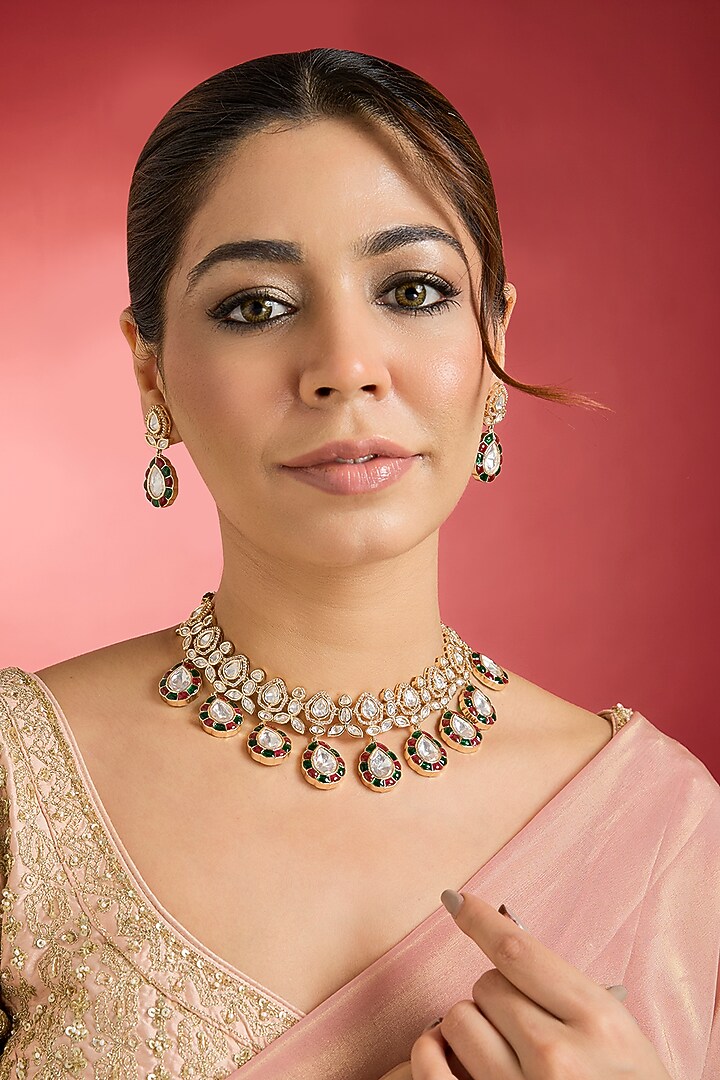 Rose Gold Finish Multi-Colored Kundan Polki Necklace Set by Swabhimann Jewellery at Pernia's Pop Up Shop