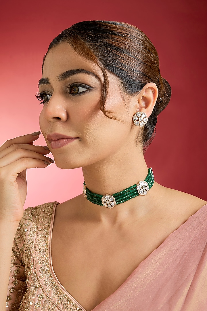 Rose Gold Finish Green Kundan Polki Choker Necklace Set by Swabhimann Jewellery at Pernia's Pop Up Shop