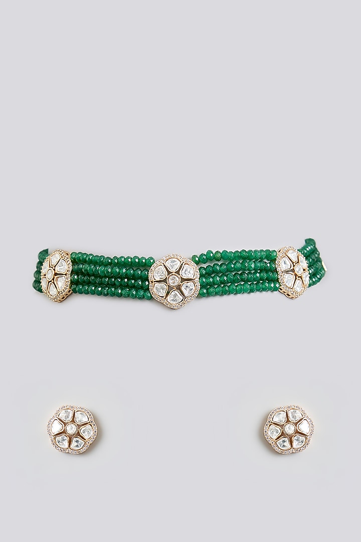 Rose Gold Finish Green Kundan Polki Choker Necklace Set by Swabhimann Jewellery at Pernia's Pop Up Shop