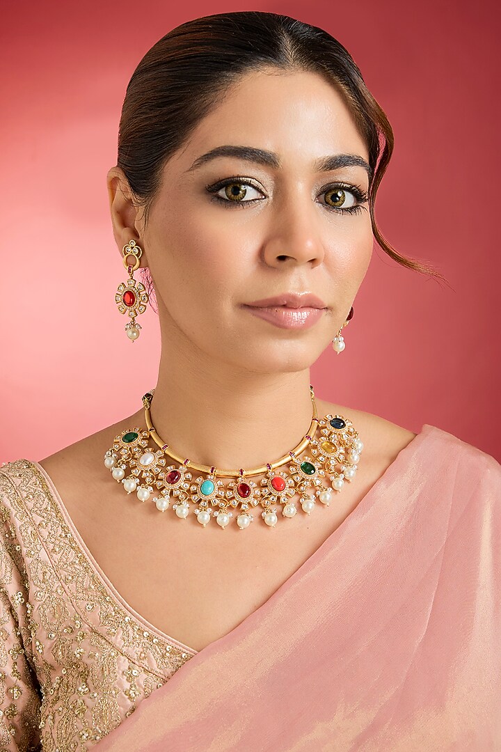 Rose Gold Finish Multi-Colored Kundan Polki Necklace Set by Swabhimann Jewellery at Pernia's Pop Up Shop