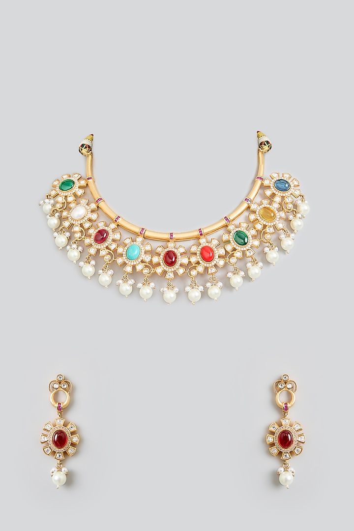 Rose Gold Finish Multi-Colored Kundan Polki Necklace Set by Swabhimann Jewellery at Pernia's Pop Up Shop