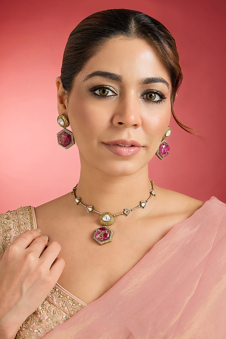 Gold Finish Ruby & Kundan Polki Pendant Necklace Set by Swabhimann Jewellery at Pernia's Pop Up Shop