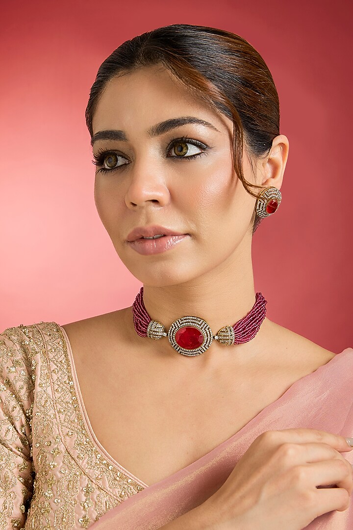 Gold Finish Ruby & Kundan Polki Choker Necklace Set by Swabhimann Jewellery at Pernia's Pop Up Shop