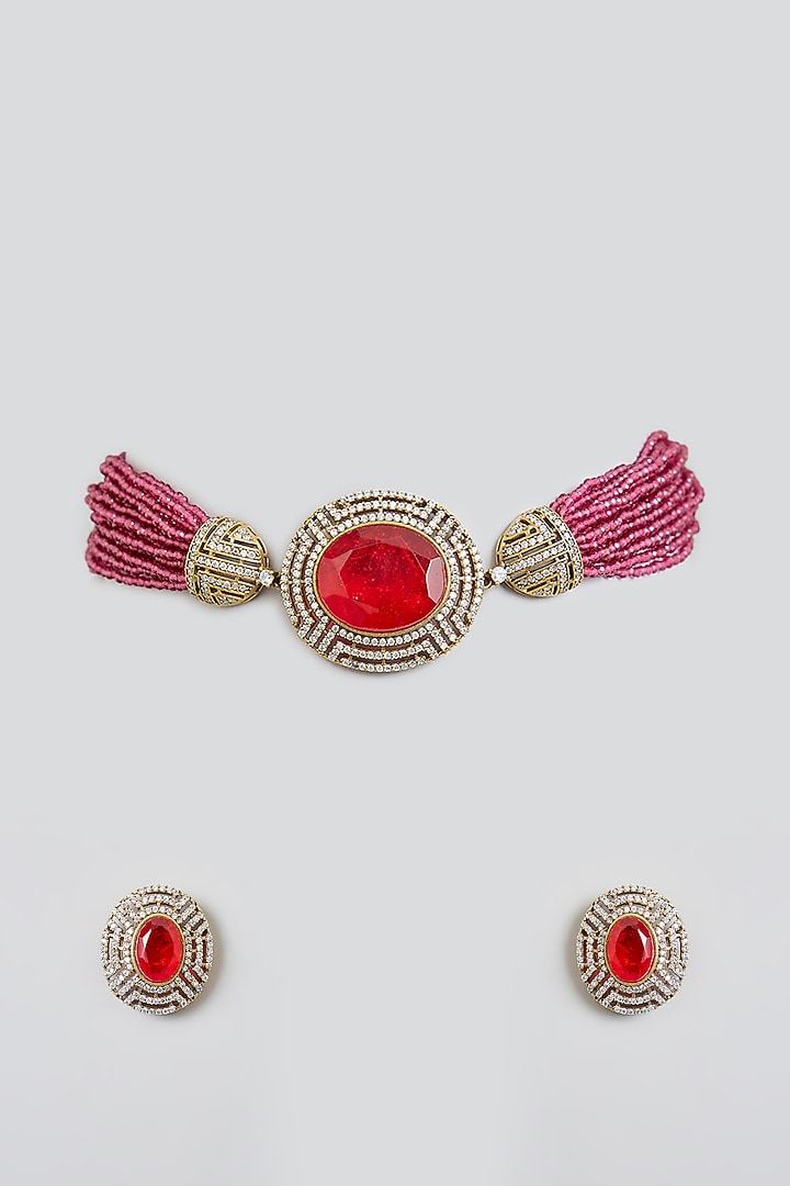 Gold Finish Ruby & Kundan Polki Choker Necklace Set by Swabhimann Jewellery at Pernia's Pop Up Shop