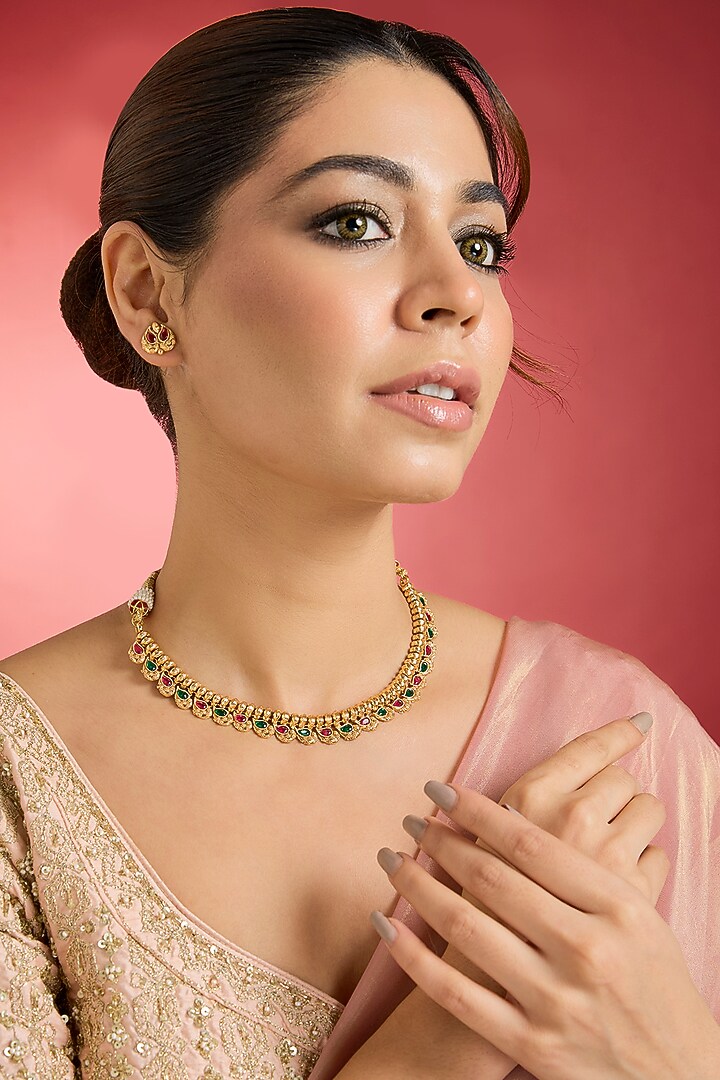 Gold Finish Multi-Colored Stone Temple Choker Necklace Set by Swabhimann Jewellery at Pernia's Pop Up Shop