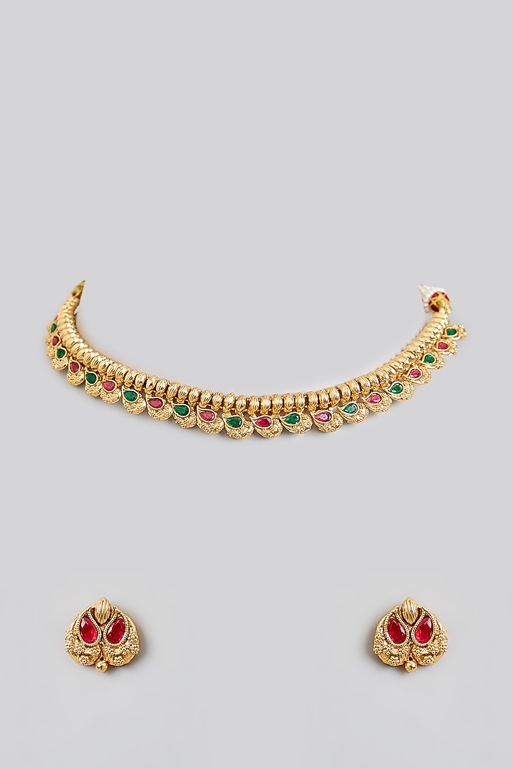 Gold Finish Multi-Colored Stone Temple Choker Necklace Set by Swabhimann Jewellery at Pernia's Pop Up Shop