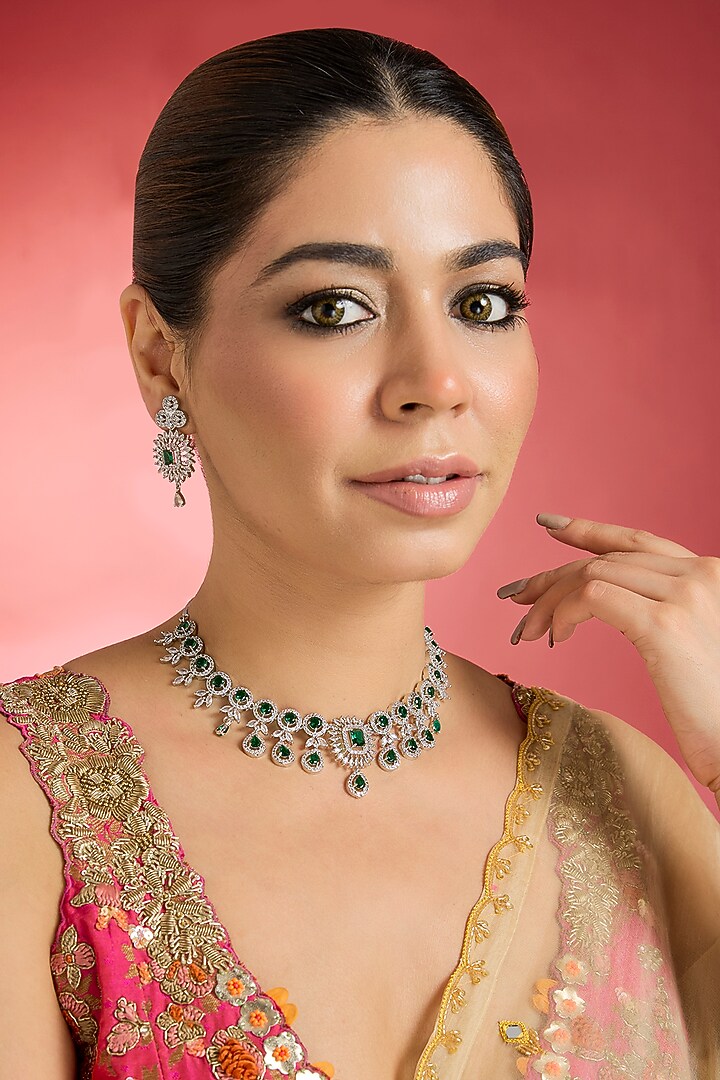 White Finish Emerald & Zircon Necklace Set by Swabhimann Jewellery at Pernia's Pop Up Shop