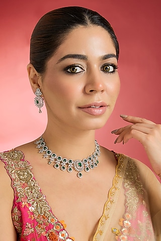 White Finish Emerald & Zircon Necklace Set by Swabhimann Jewellery