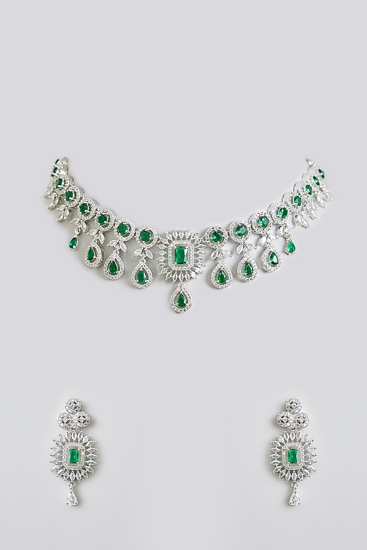 White Finish Emerald & Zircon Necklace Set by Swabhimann Jewellery at Pernia's Pop Up Shop