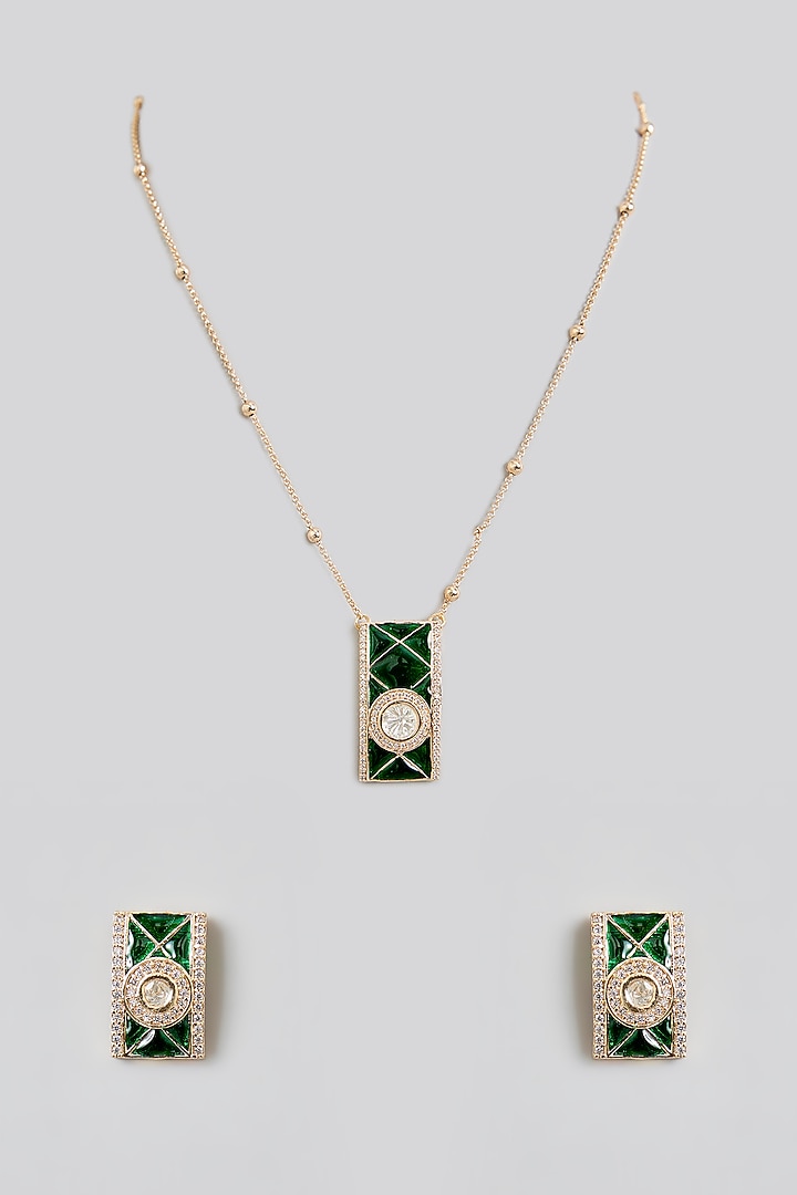 Rose Gold Finish Green Kundan Polki Pendant Necklace Set by Swabhimann Jewellery at Pernia's Pop Up Shop