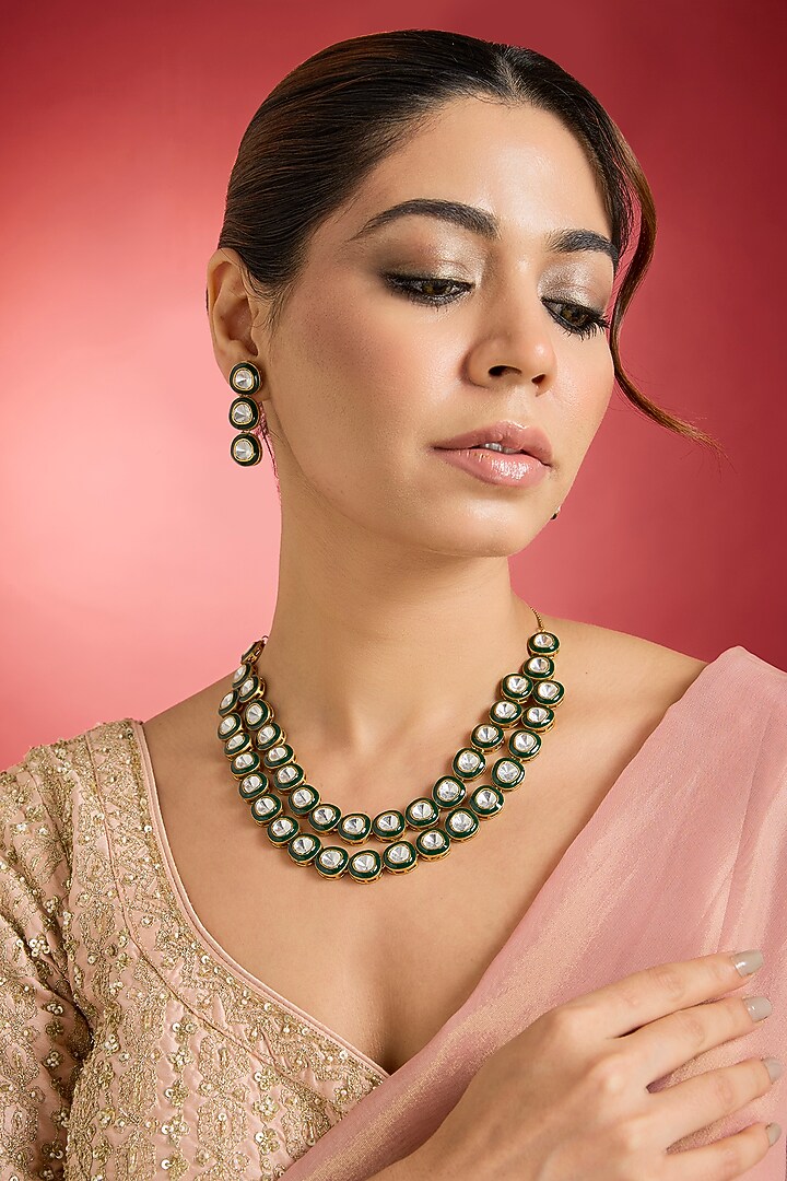 Gold Finish Green Kundan Polki Layered Necklace Set by Swabhimann Jewellery at Pernia's Pop Up Shop
